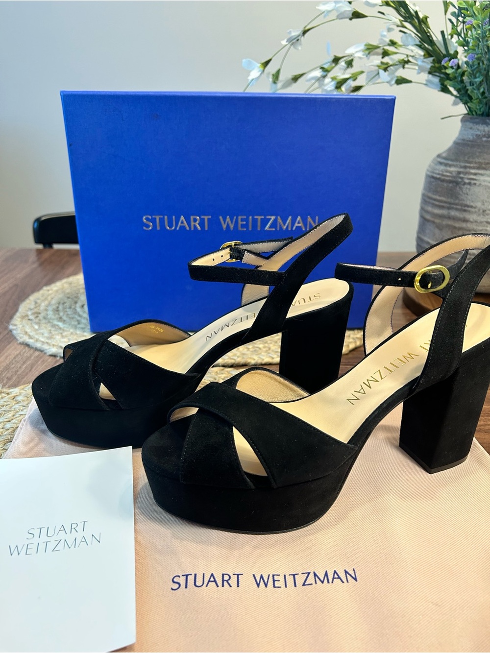 Stuart Weitzman Black Suede Platform Block-Heel Sandals (sz 8)